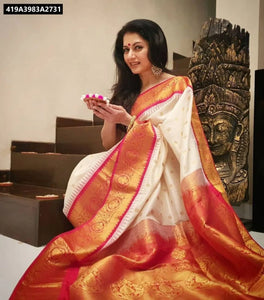 Buy Lichi Silk Jacquard Saree for Women | Festive, Wedding & Ethnic Wear Online | Off-White & Red
