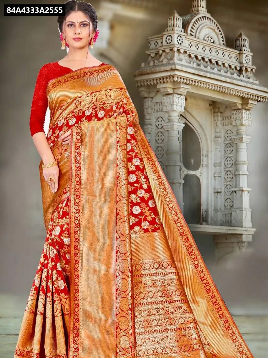 Elegant model standing in a TRENDBUY Lichi Silk Jacquard Saree, showcasing its full design, pallu, and rich border.