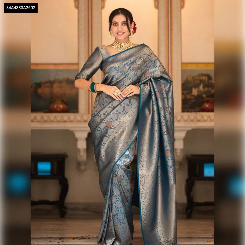 TRENDBUY Blue Lichi Silk Jacquard Saree for women, full body front view
