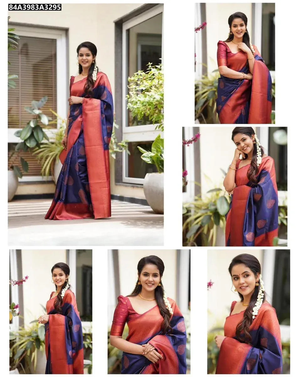 TRENDBUY Navy Blue Lichi Silk Jacquard Saree with Red Border, full body shot of model