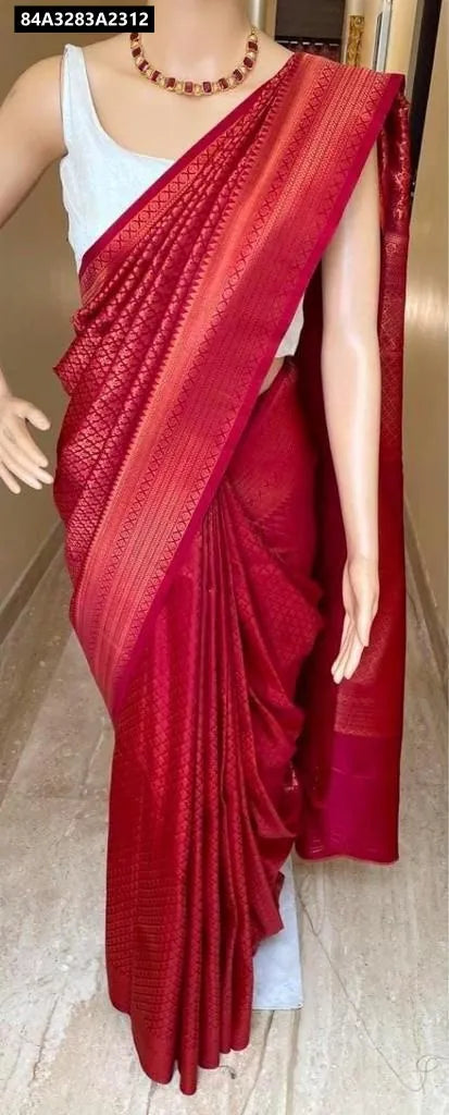Full body view of a red Lichi Silk Jacquard Saree on a mannequin, highlighting the drape and pallu, TRENDBUY