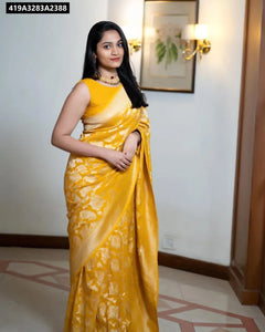 Buy Yellow Lichi Silk Jacquard Woven Saree for Women | Festive & Wedding Ethnic Wear Online - Free Size