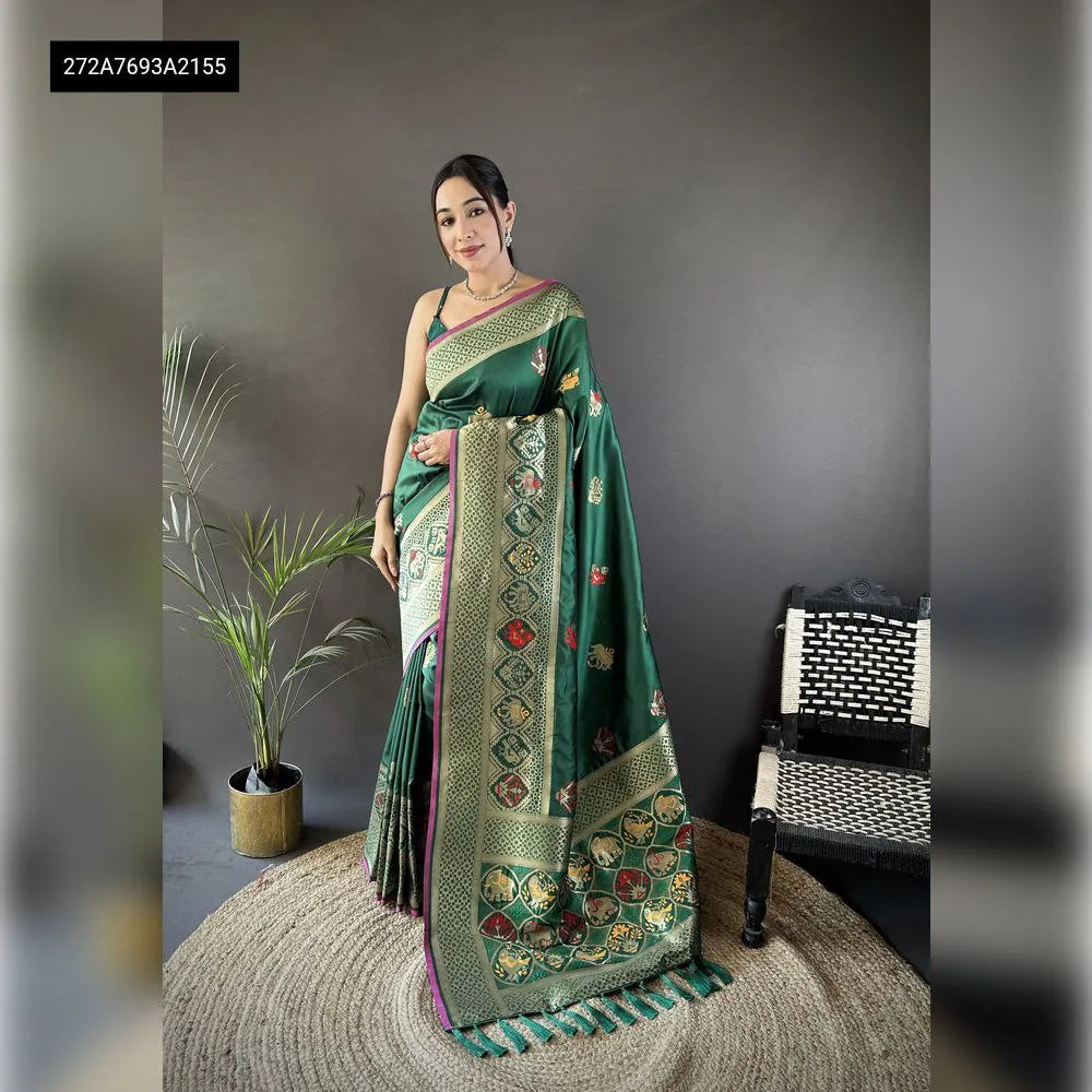Front view of model in Emerald Green Lichi Silk Saree with Water Gold Jari and Minakari weaving