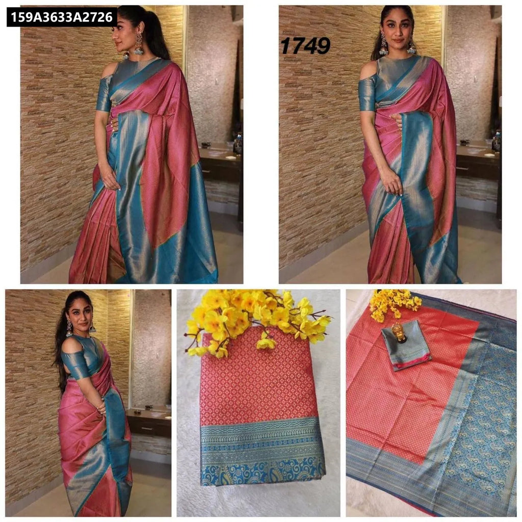 Woman in Pink and Teal Lichi Silk Saree, TRENDBUY Festive Collection