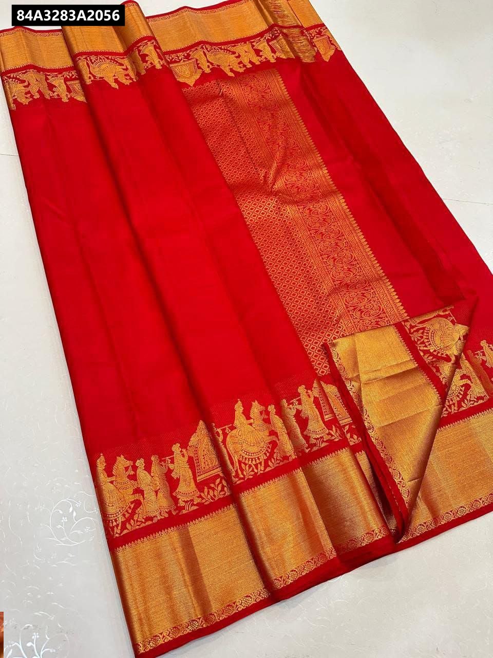 Red Lichi Silk Saree with rich jacquard pallu and border