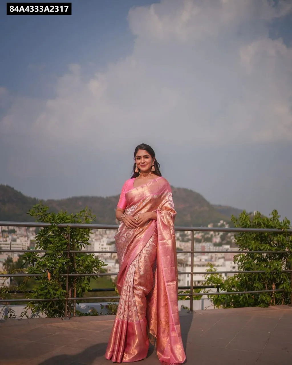 Full body shot of woman in Rose Gold Pink Lichi Silk Saree, front facing