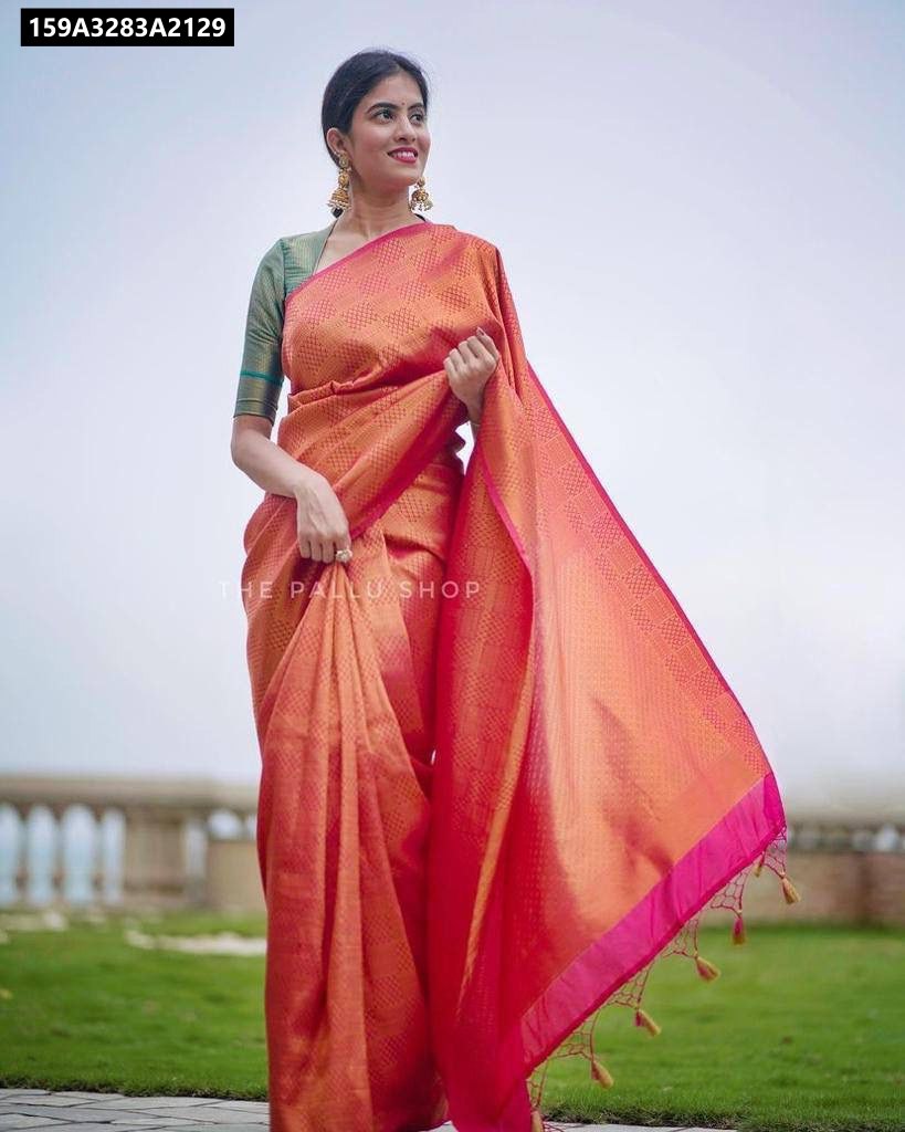 TRENDBUY Rust Orange Lichi Silk Saree with Traditional Weave, worn by model