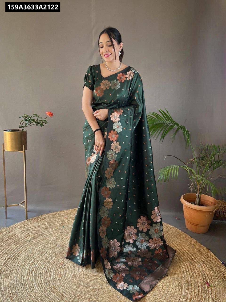 TRENDBUY Model in Green Lichi Silk Saree with Floral Weaving - Front View