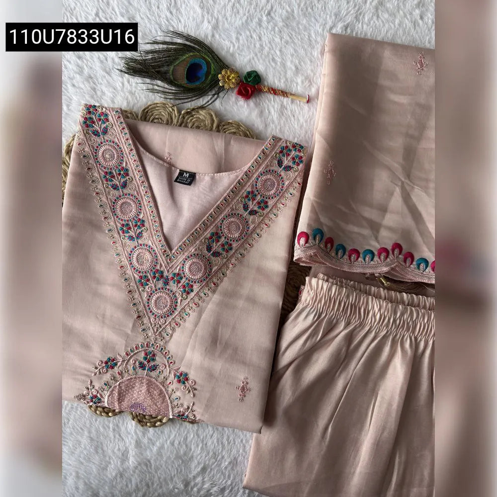 Light Peach Roman Silk Kurta Set with intricate embroidery, top, pant, and dupatta on a white background.