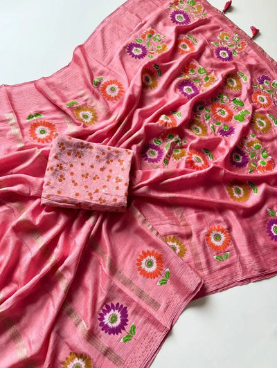 Limited Edition Floral Shinon Saree - Soft Fabric, Fancy Latkan & Contrast Blouse