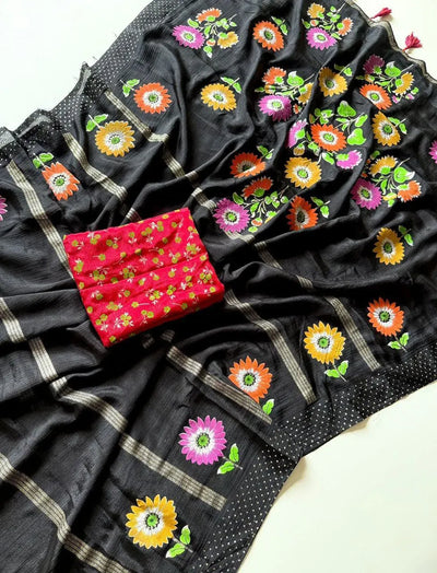 Limited Edition Floral Shinon Saree - Soft Fabric, Fancy Latkan & Contrast Blouse