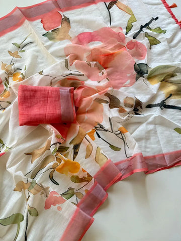 Limited Edition Premium Linen Saree - Digital Print & Jacquard Weave for Women