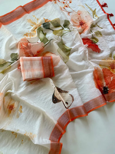 Limited Edition Premium Linen Saree - Digital Print & Jacquard Weave for Women