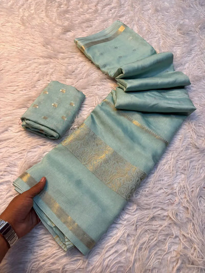 Limited Edition Pure Russian Khadi Viscos Saree - Intricate Jaquard Border & Butti Blouse for Festive Wear