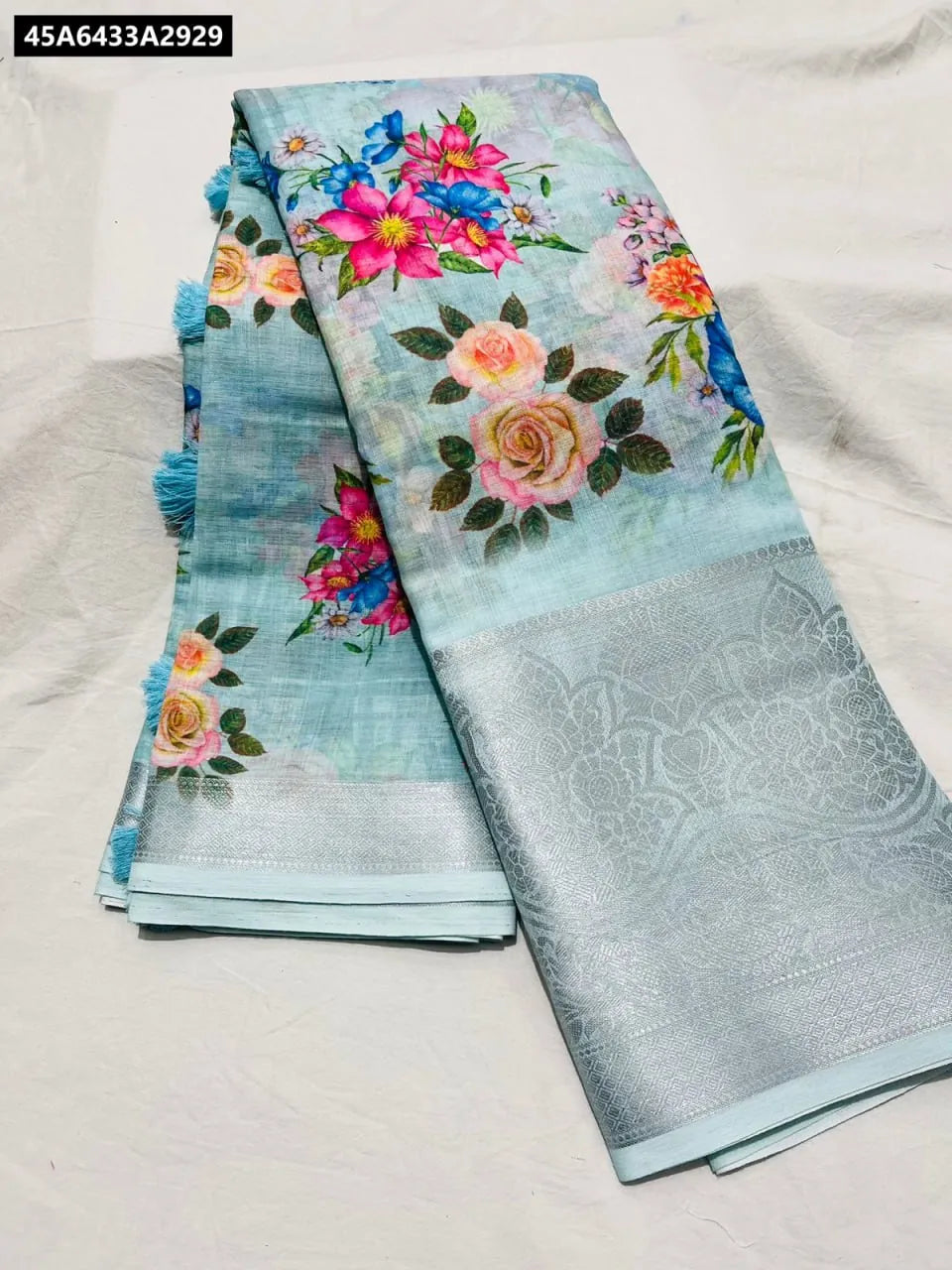 TRENDBUY Light Blue Linen Cotton Saree with Digital Floral Print & Silver Jari Border