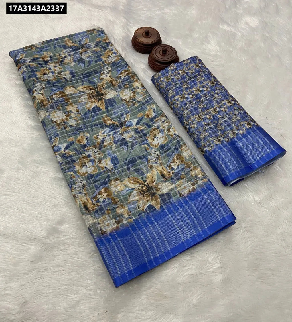 Teal Blue Floral Linen Cotton Saree with Blue Zari Border and Blouse Piece