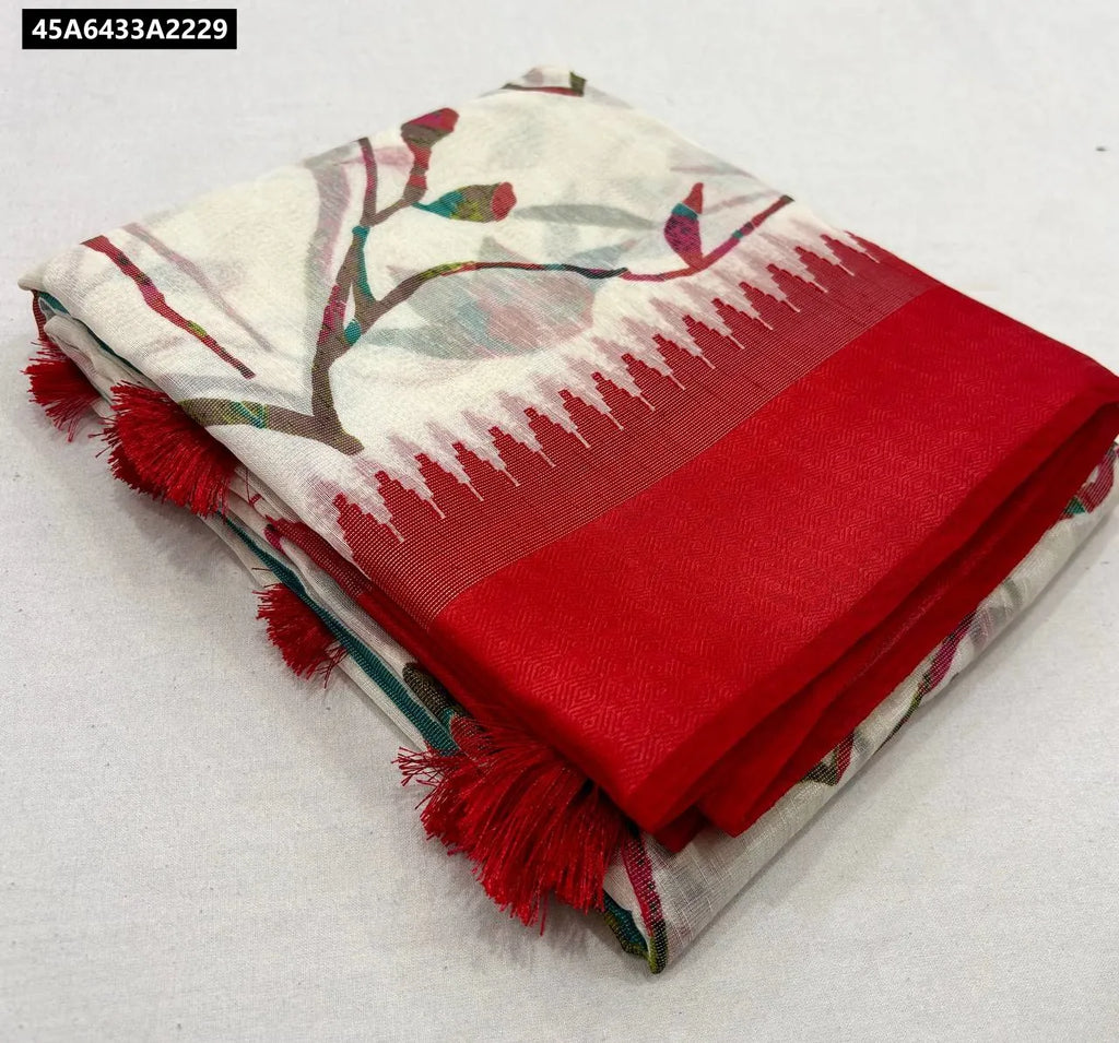 TRENDBUY White Linen Cotton Silk Saree with Brasso Print, Red Satin Jari Border and Tassels