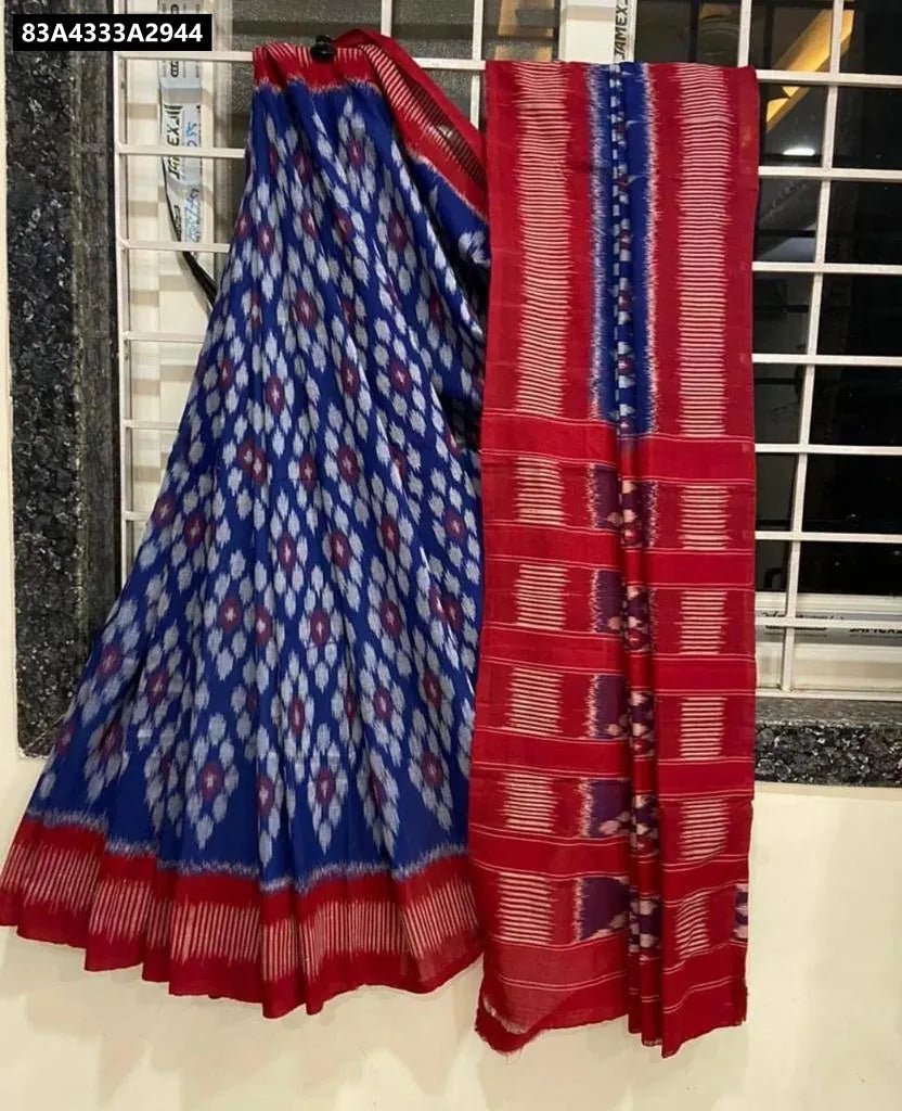 Blue Red Ikat Pattern Linen Saree with Digital Print Blouse