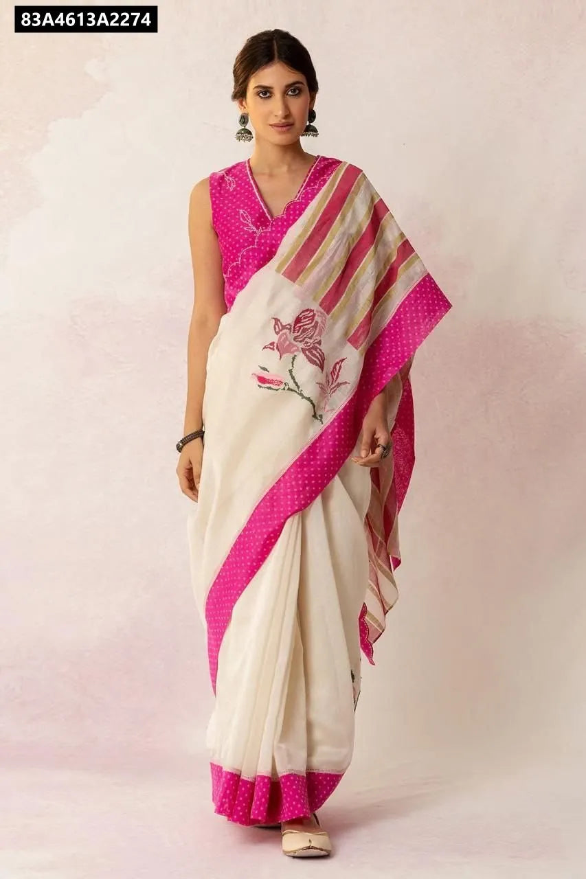 Model wearing Cream and Fuchsia Linen Digital Print Saree with cut work border by TRENDBUY