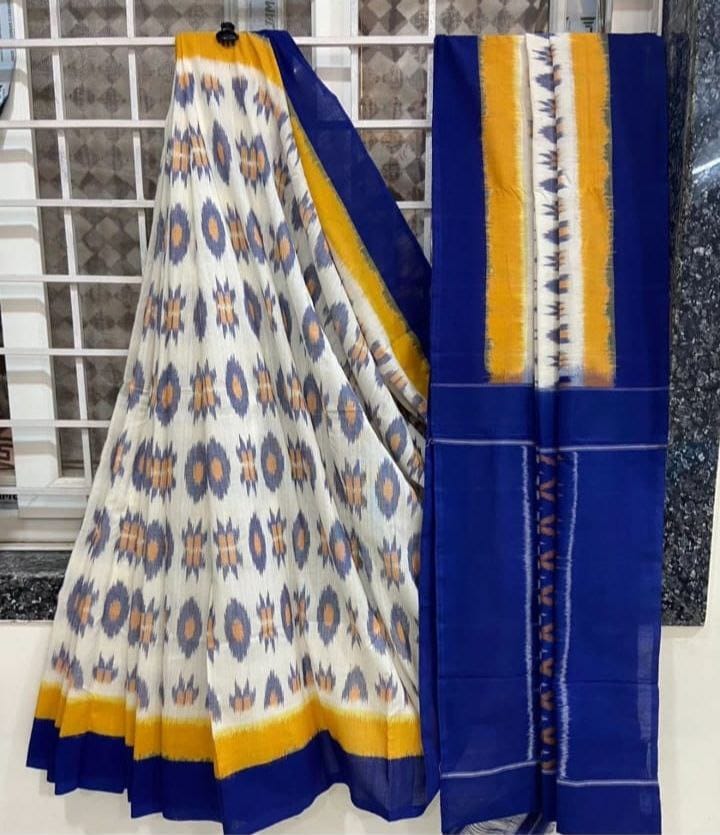 TRENDBUY White Blue Yellow Ikat Linen Digital Print Saree for Women