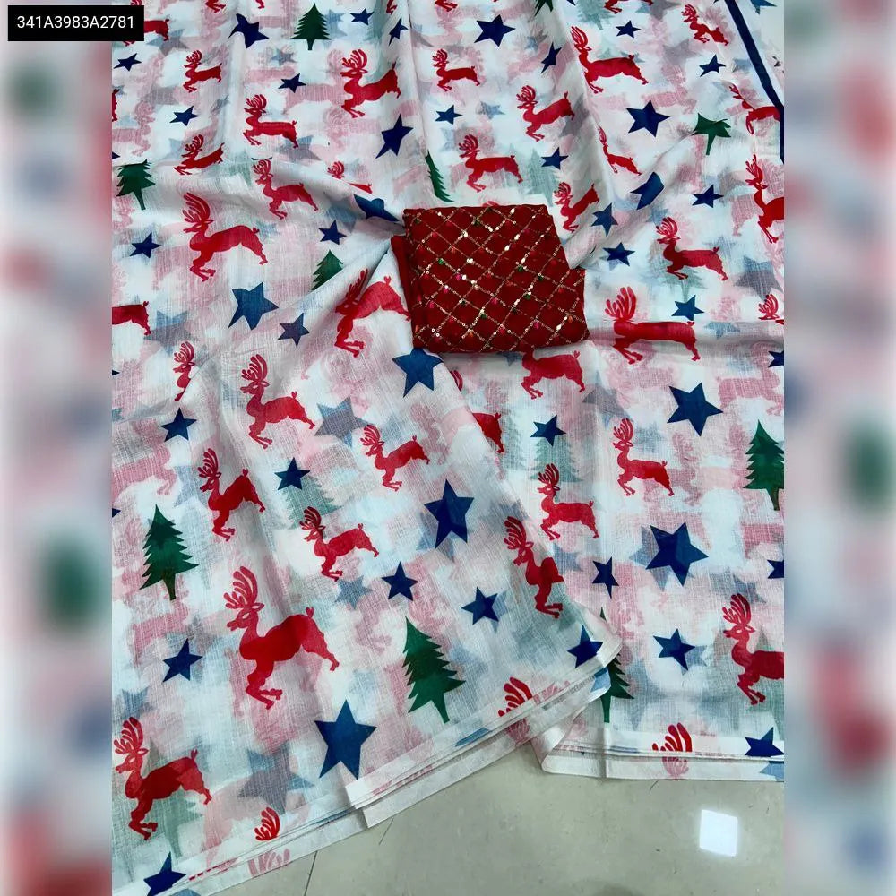 TRENDBUY Pure Linen Christmas Saree with red sequence embroidery work blouse