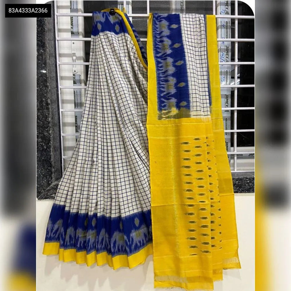 White and blue checkered linen saree with ikat digital print pallu
