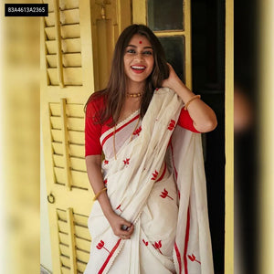 White & Red Linen Digital Print Saree for Women | Everyday Elegance Ethnic Wear Online