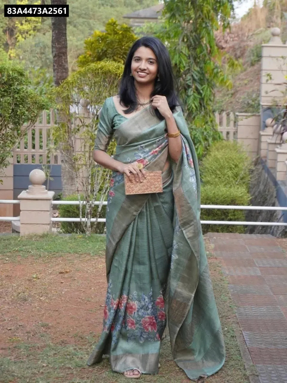 TRENDBUY Model showcasing Aqua Green Floral Digital Print Linen Saree