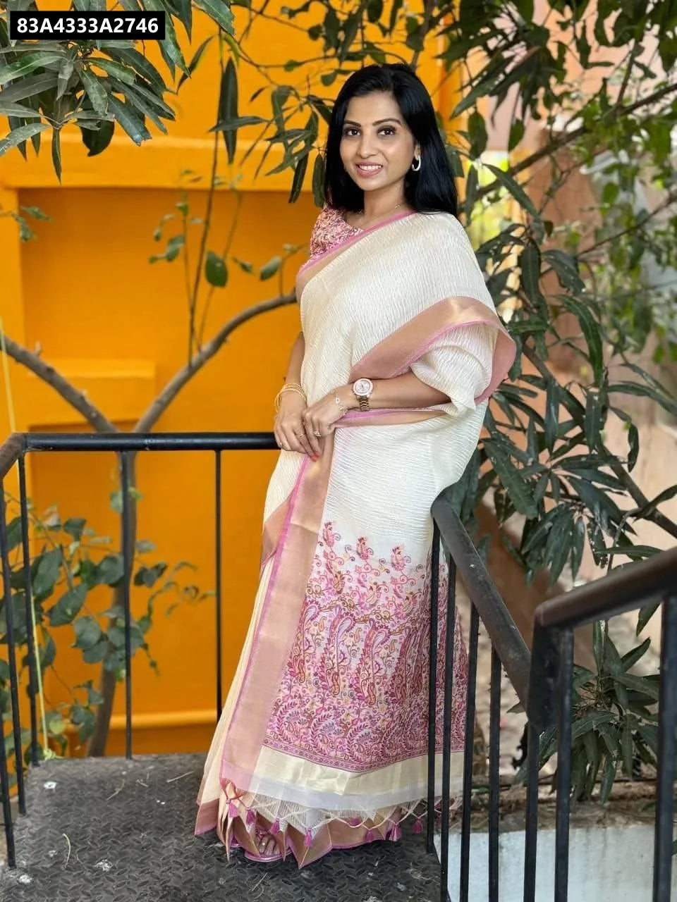 Model in full shot wearing TRENDBUY Linen Digital Print Saree, front facing, highlighting the beautiful flow and design of the saree.