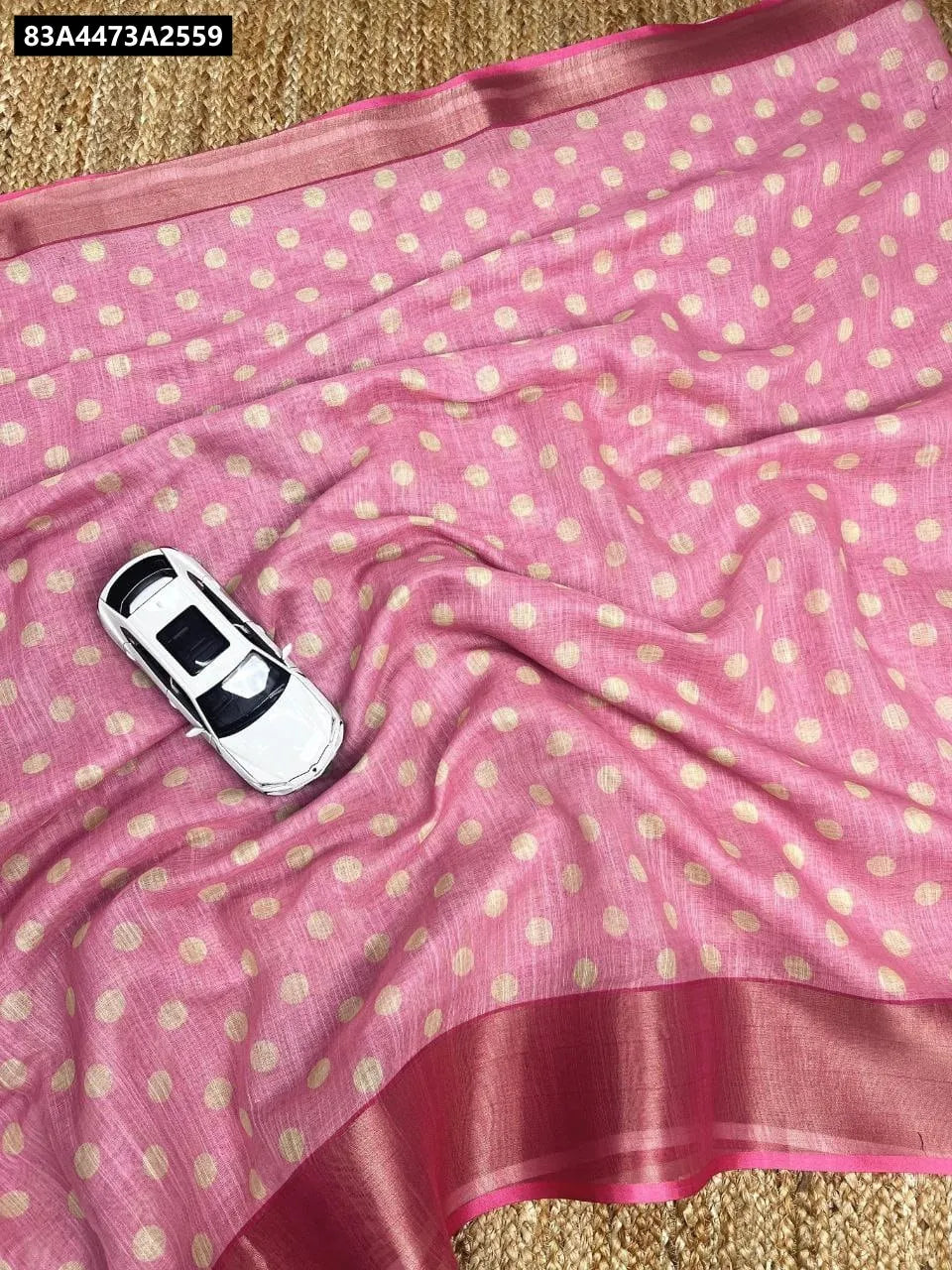 Blush Pink Linen Digital Print Polka Dot Saree