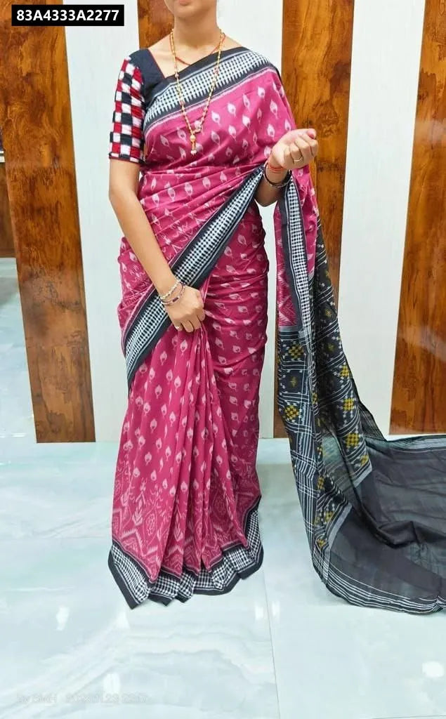 Woman in Fuchsia Linen Digital Print Saree, Front View