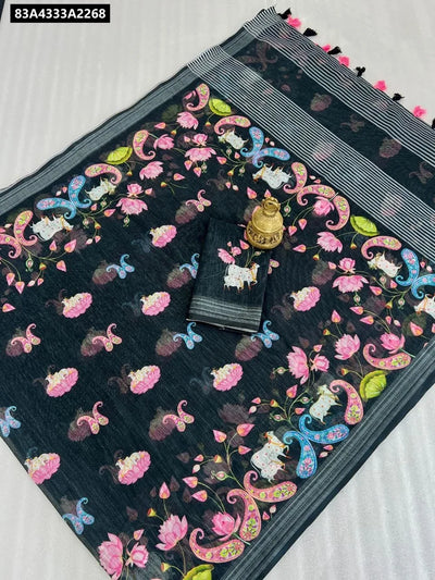 TRENDBUY Linen Digital Print Saree for Women with Jari Border Blouse | Buy Ethnic Wear Online