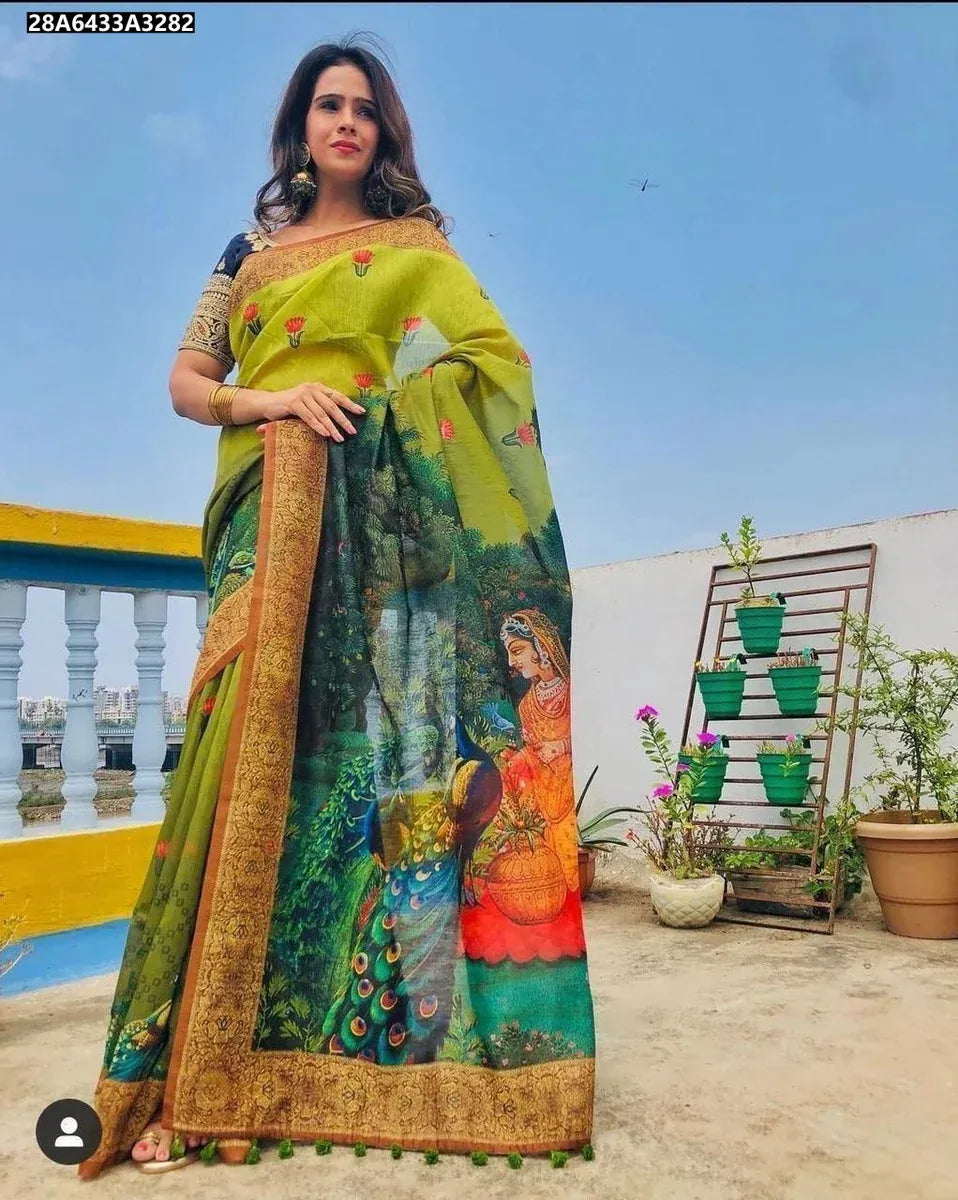 Woman in Lime Green Linen Digital Print Saree with Kalamkari peacocks and woman design, standing outdoors