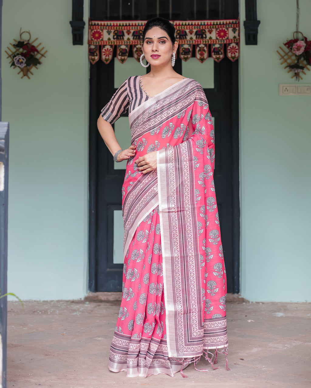Women's Pink & Black Digital Print Linen Saree, front view, elegant pose