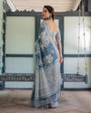 Premium Handcrafted Pure Linen Saree with Elegant White Floral Prints for Summer Weddings