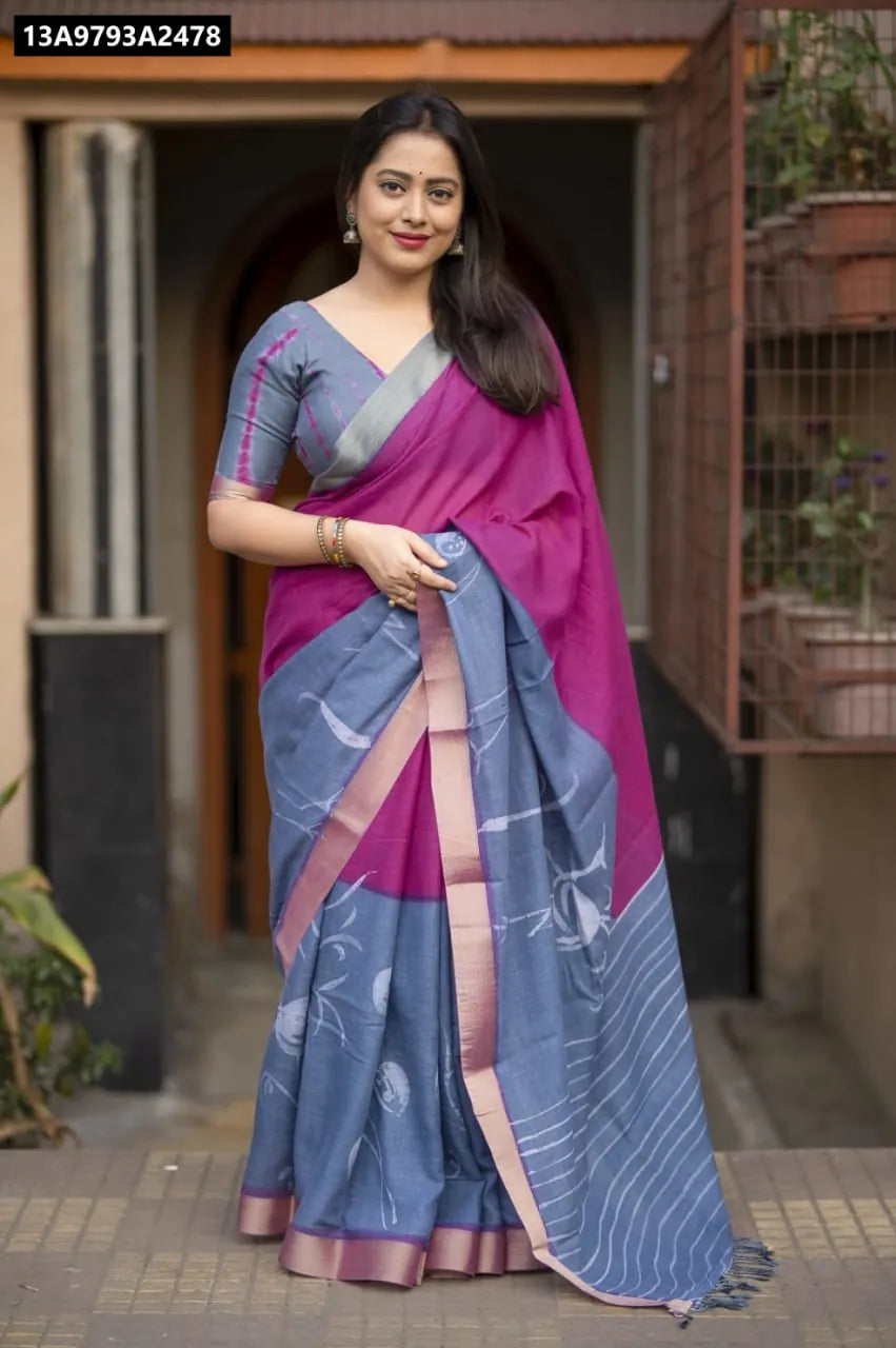 Model wearing TRENDBUY Grey and Rani pure linen hand-painted saree with bird motifs and zari border, paired with a tie-dye blouse.