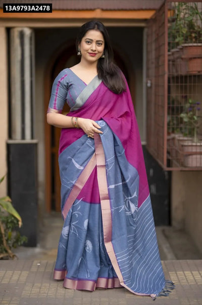 Buy Linen Hand Painted Zari Saree for Women Online | Traditional & Ethnic Wear