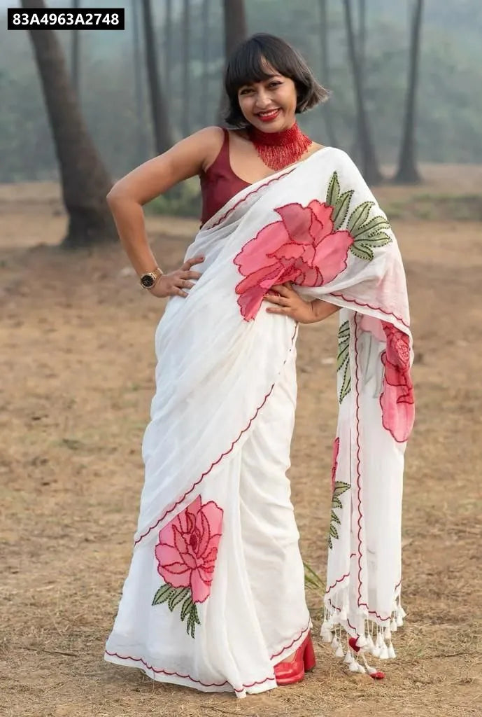 TRENDBUY model showcasing a beautiful white Plain Linen Handwork Floral Saree with a red blouse, full body front view, perfect for festive occasions.
