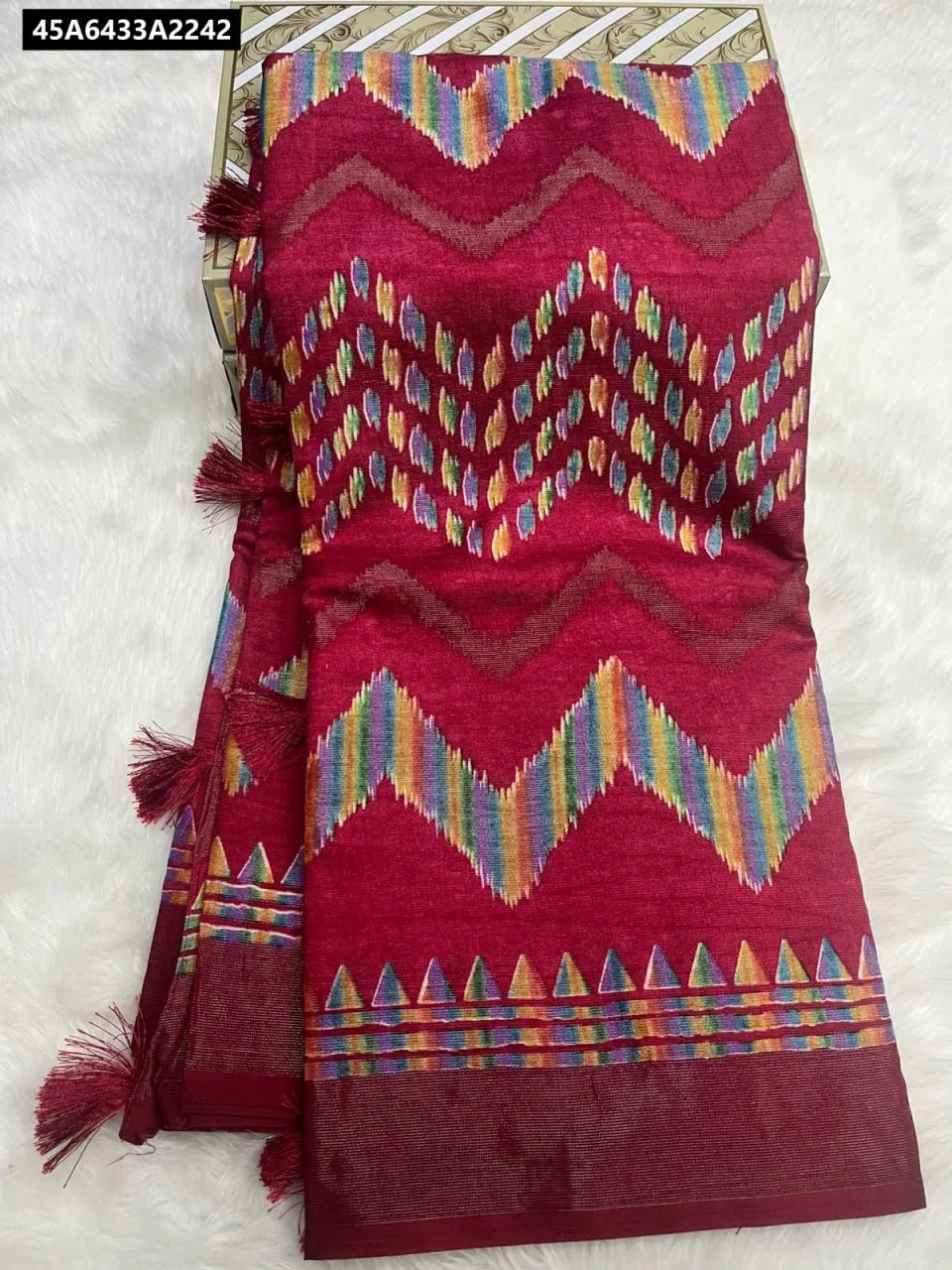 Red Linen Jute Brasso Weave Saree with Rainbow Zig-Zag Pattern and Tassels - TRENDBUY