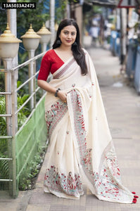 Off-White Linen Madhubani Print Saree for Women with Aari Mirror Work & Tassels | Buy Ethnic Wear Online by TRENDBUY