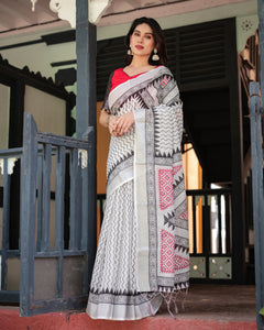 Linen Saree Geometric & Floral Motifs Women's | Evening & Festive by MONOCHROME