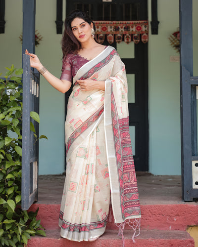 Linen Saree Geometric Print Women's | Festive & Casual by SPLENDOR