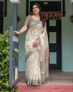 Linen Saree Pastel Green & Beige Women's | Heritage Tribal Design by TrendBuy