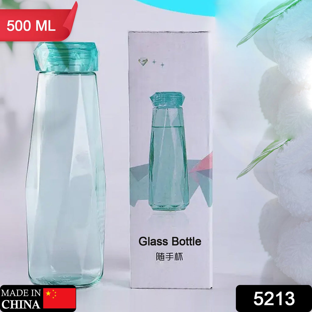 Glass fridge water bottle with plastic cap and two water glasses for home kitchen use