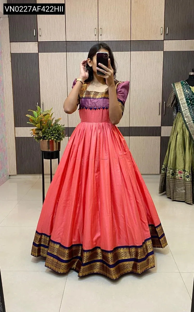 TRENDBUY Coral Pink Cotton Silk Jacquard Gown for Women with purple bodice, model shot