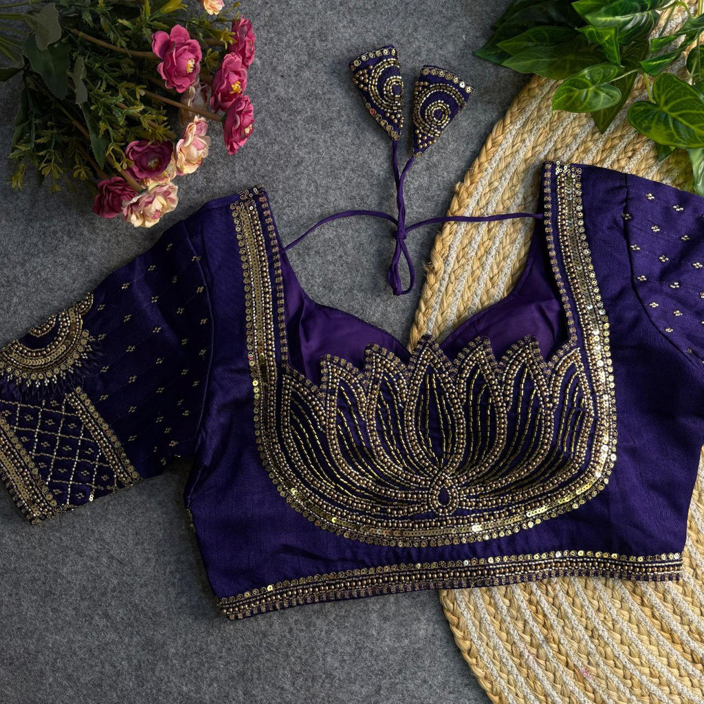 TRENDBUY Lotus Embroidered Designer Blouse in Purple Silk with Sequence Work - Front View