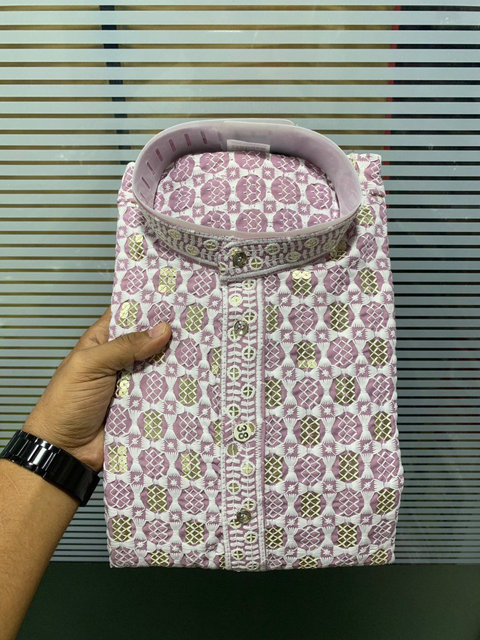 TRENDBUY Men's Lucknavi Sequence Kurta in Lilac Purple, intricate embroidery with gold sequences, festive ethnic wear