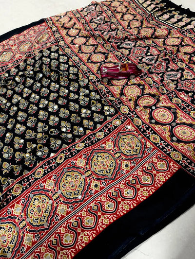 Luxe Ajrakh Print Satin Silk Saree with Real Mirror Work - Festive Wear for Women