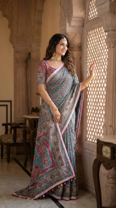 Luxe Ajrakh Print Silk Saree with Real Mirror Work for Women