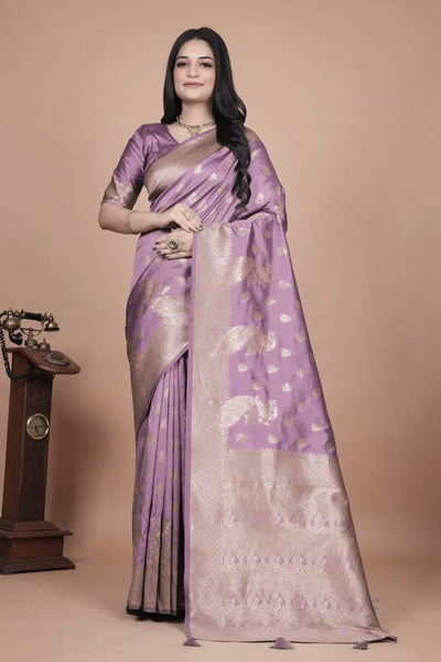 Luxe Banarasi Silk Saree - Elegant Golden Zari Weaving Festive Wear for Women